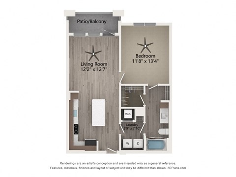 Floor plan for 1 bed, 1 bath, 752 sqft